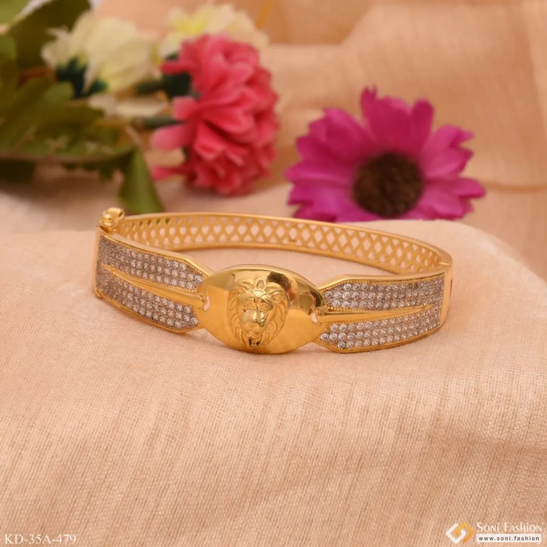 1 Gram Gold - Lion Face with Diamond Funky Design Gold Plated Kada - Style - Style A479