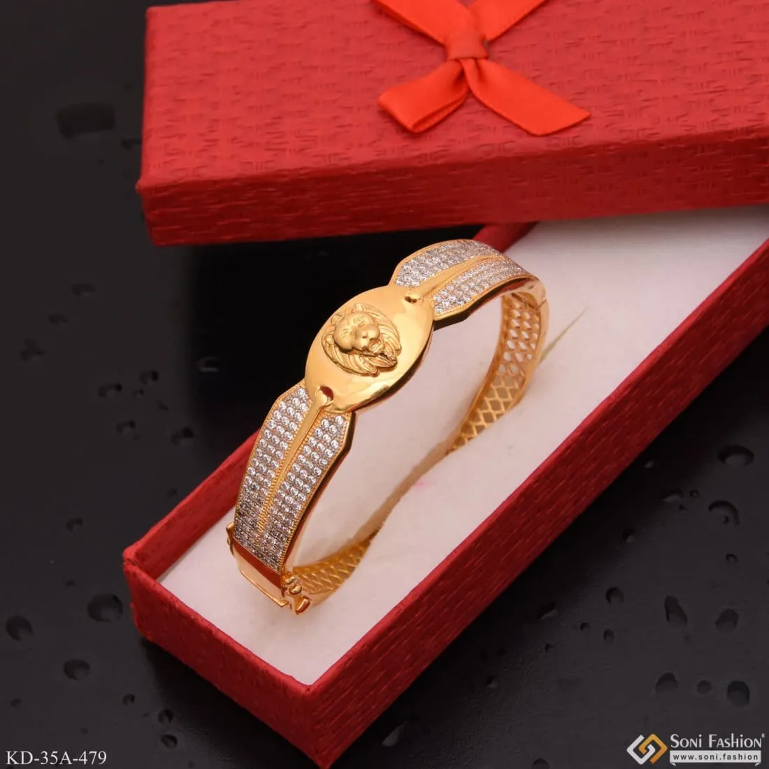 1 Gram Gold - Lion Face with Diamond Funky Design Gold Plated Kada - Style - Style A479