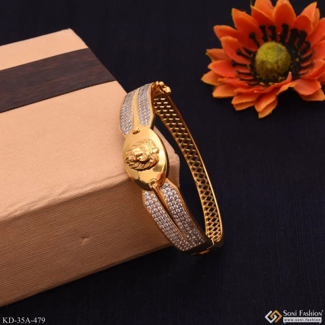 1 Gram Gold - Lion Face with Diamond Funky Design Gold Plated Kada - Style - Style A479