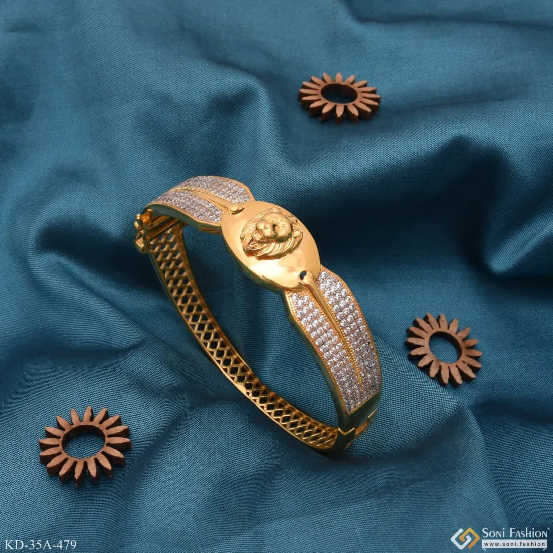 1 Gram Gold - Lion Face with Diamond Funky Design Gold Plated Kada - Style - Style A479