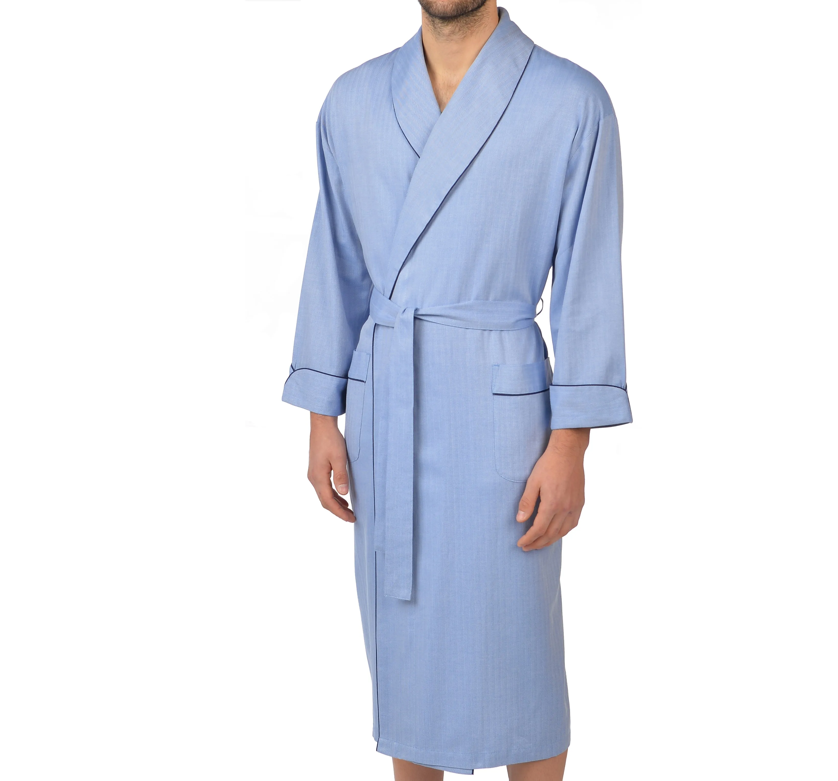 100% COTTON SHAWL COLLAR BATH ROBE NAVY PIPING