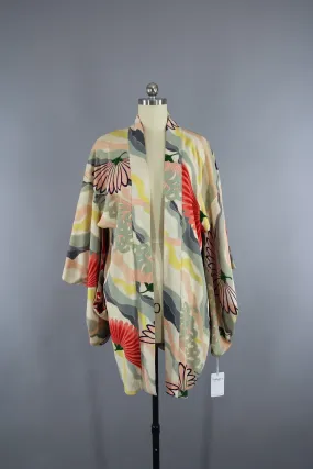 1930s Vintage Silk Haori Kimono Jacket Cardigan in Ivory & Grey Floral Print