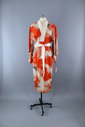 1930s Vintage Silk Kimono Robe / ORANGE Red Flying Cranes