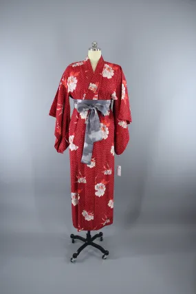 1930s Vintage Silk Kimono Robe / Red Floral Print