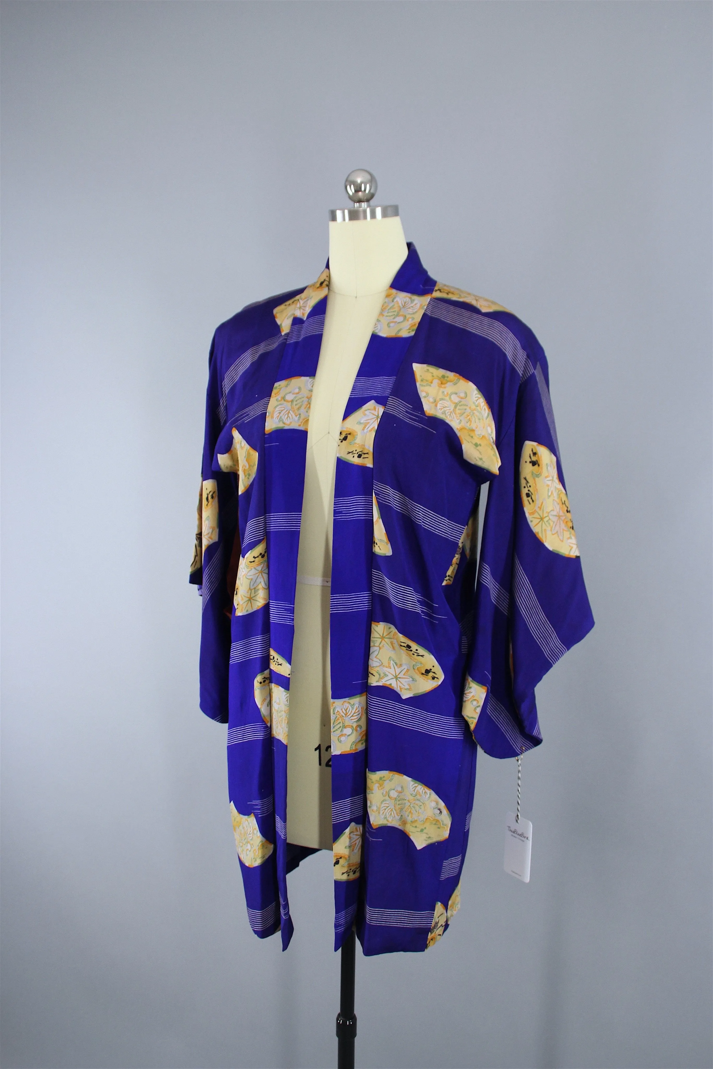 1940s Vintage Silk Haori Kimono Jacket Cardigan with Royal Blue Fans Print