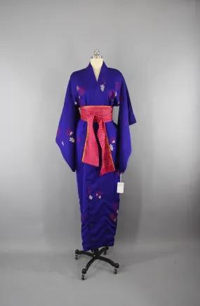 1940s Vintage Silk Kimono Robe / Blue & Pink Omeshi Embroidered Floral Pattern