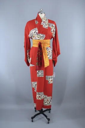 1940s Vintage Silk Kimono Robe / Dark Orange Abstract Print