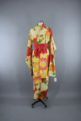 1940s Vintage Silk Kimono Robe Furisode in Bright Yellow Peony Floral Print