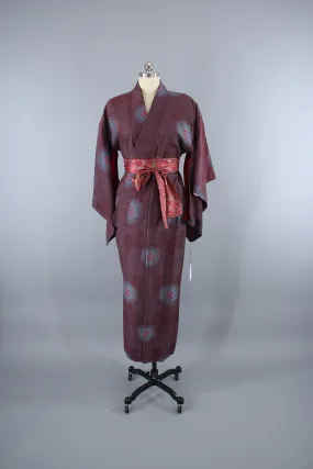 1940s Vintage Silk Kimono Robe / Maroon Red & Blue Omeshi Floral