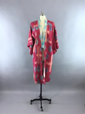 1940s Vintage Silk Kimono Robe / Raspberry Pink & Aqua Shibori