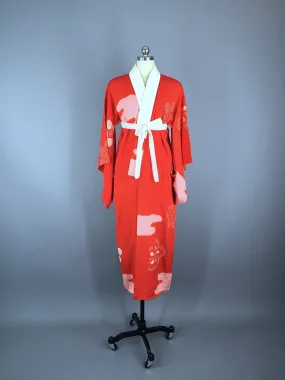 1940s Vintage Silk Kimono Robe / Red Pink Clouds