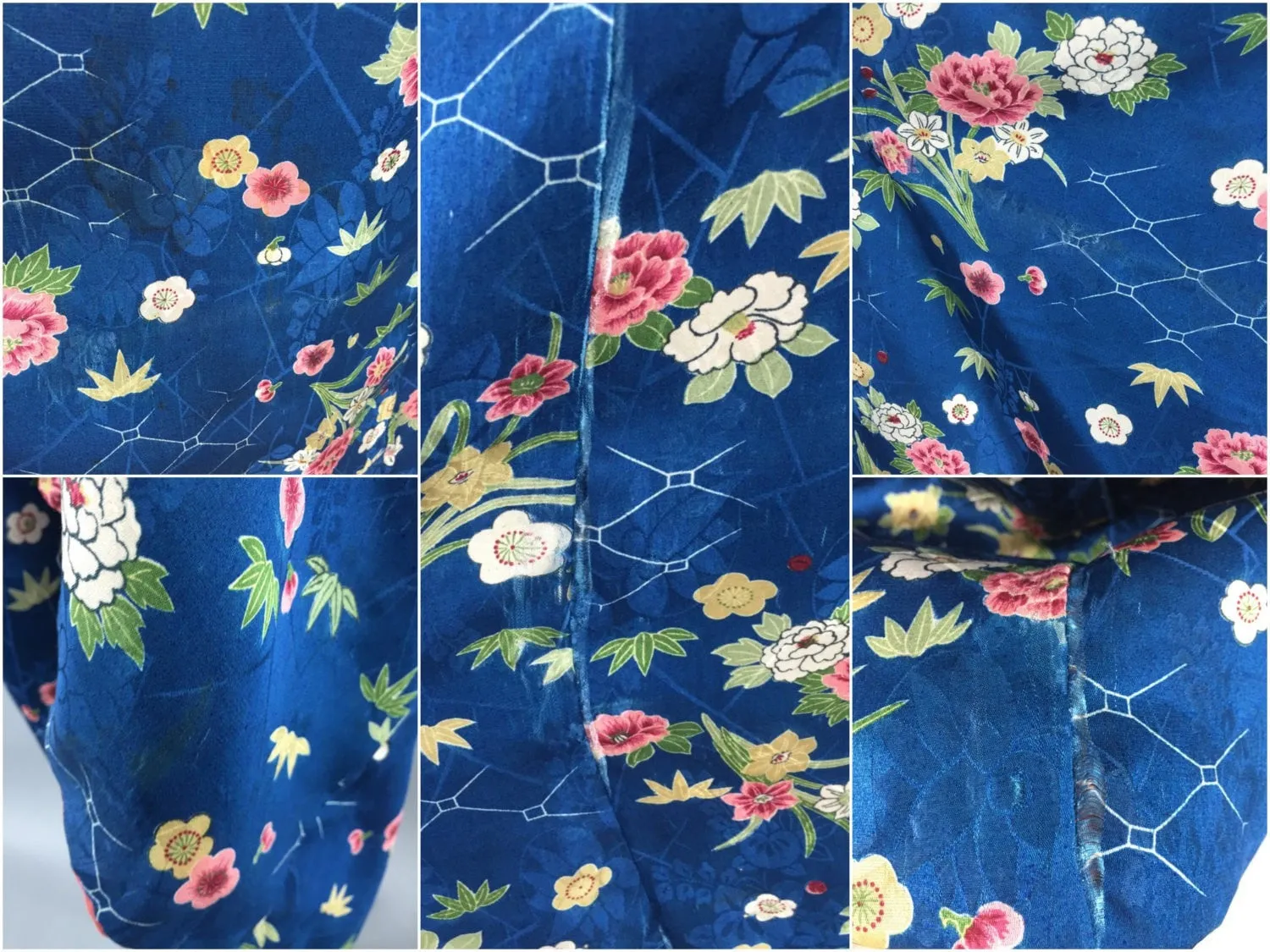 1950s Vintage Silk Kimono Robe / Blue Satin Floral Print