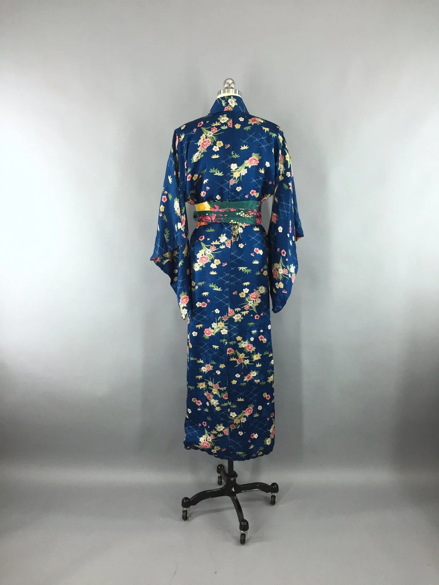 1950s Vintage Silk Kimono Robe / Blue Satin Floral Print