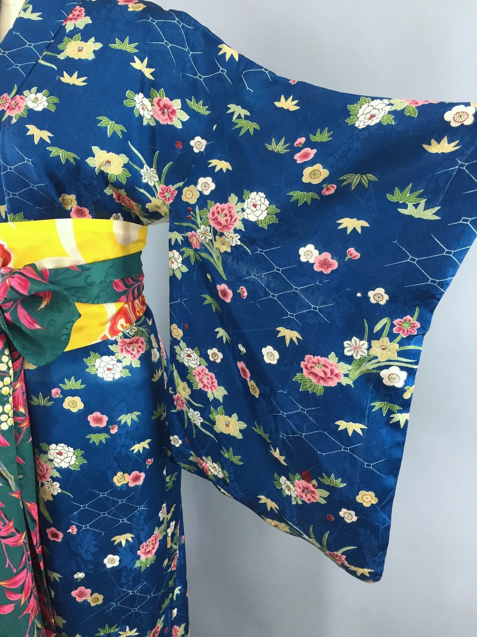 1950s Vintage Silk Kimono Robe / Blue Satin Floral Print