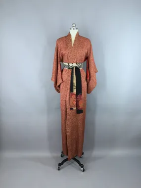 1950s Vintage Silk Kimono Robe / Brown Floral Print