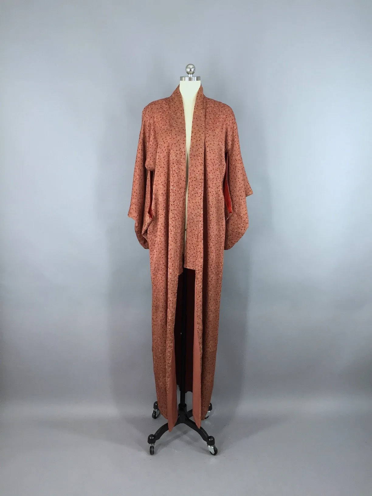 1950s Vintage Silk Kimono Robe / Brown Floral Print