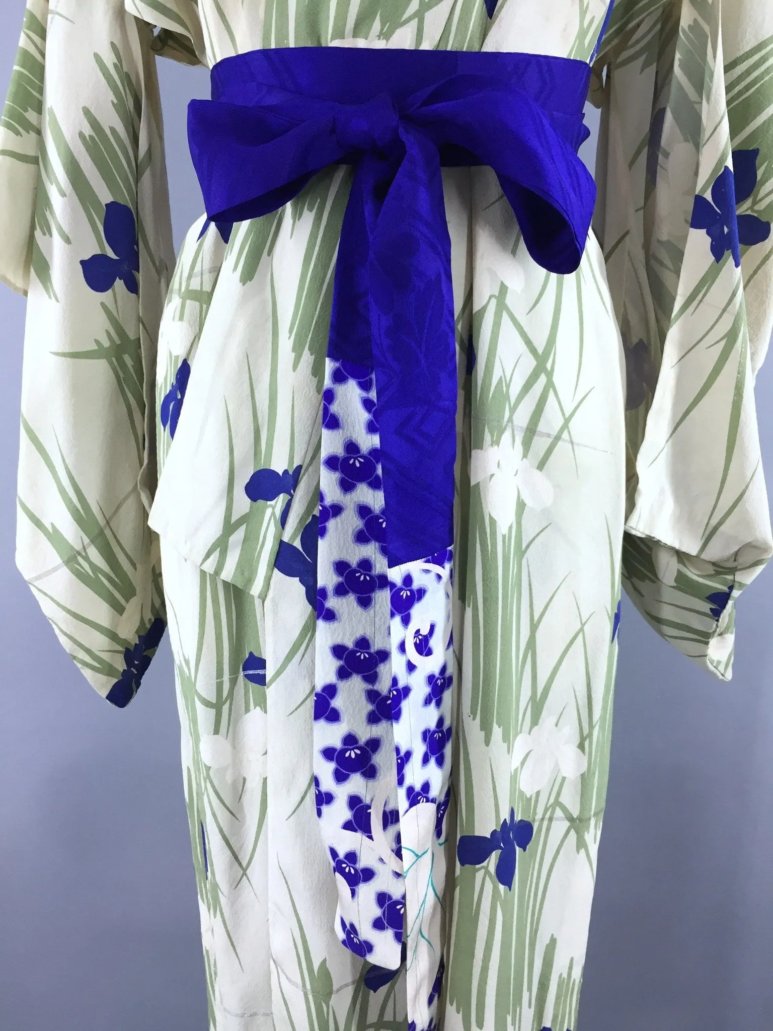 1950s Vintage Silk Kimono Robe in Green and Blue Iris Floral Print