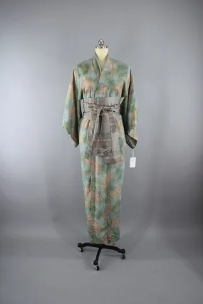 1950s Vintage Silk Kimono Robe in Green Ombre Damask