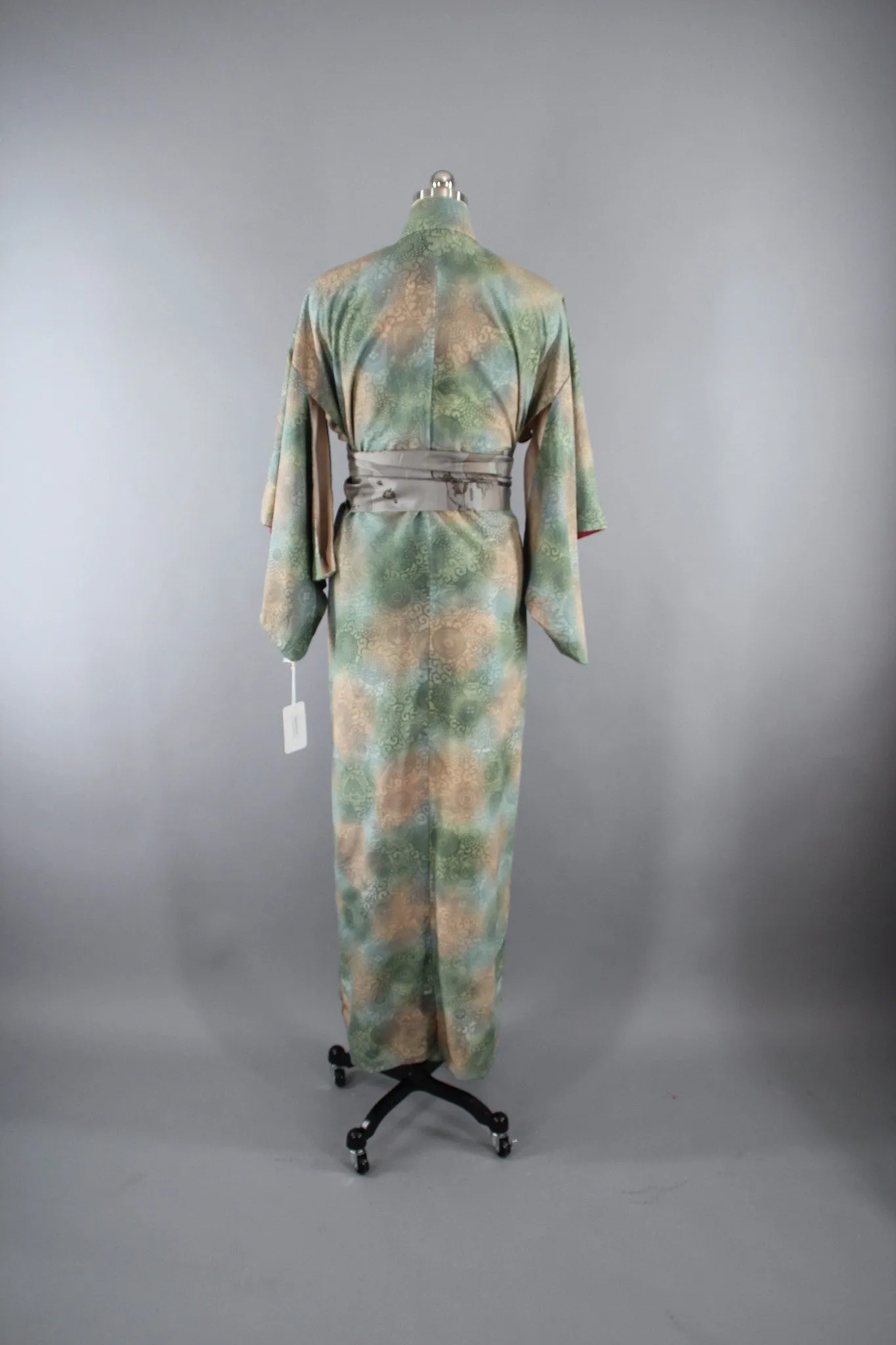 1950s Vintage Silk Kimono Robe in Green Ombre Damask