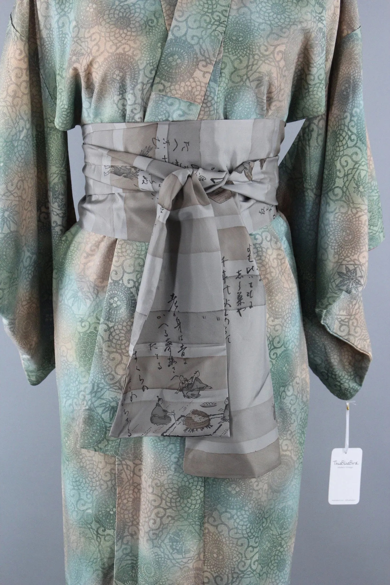 1950s Vintage Silk Kimono Robe in Green Ombre Damask