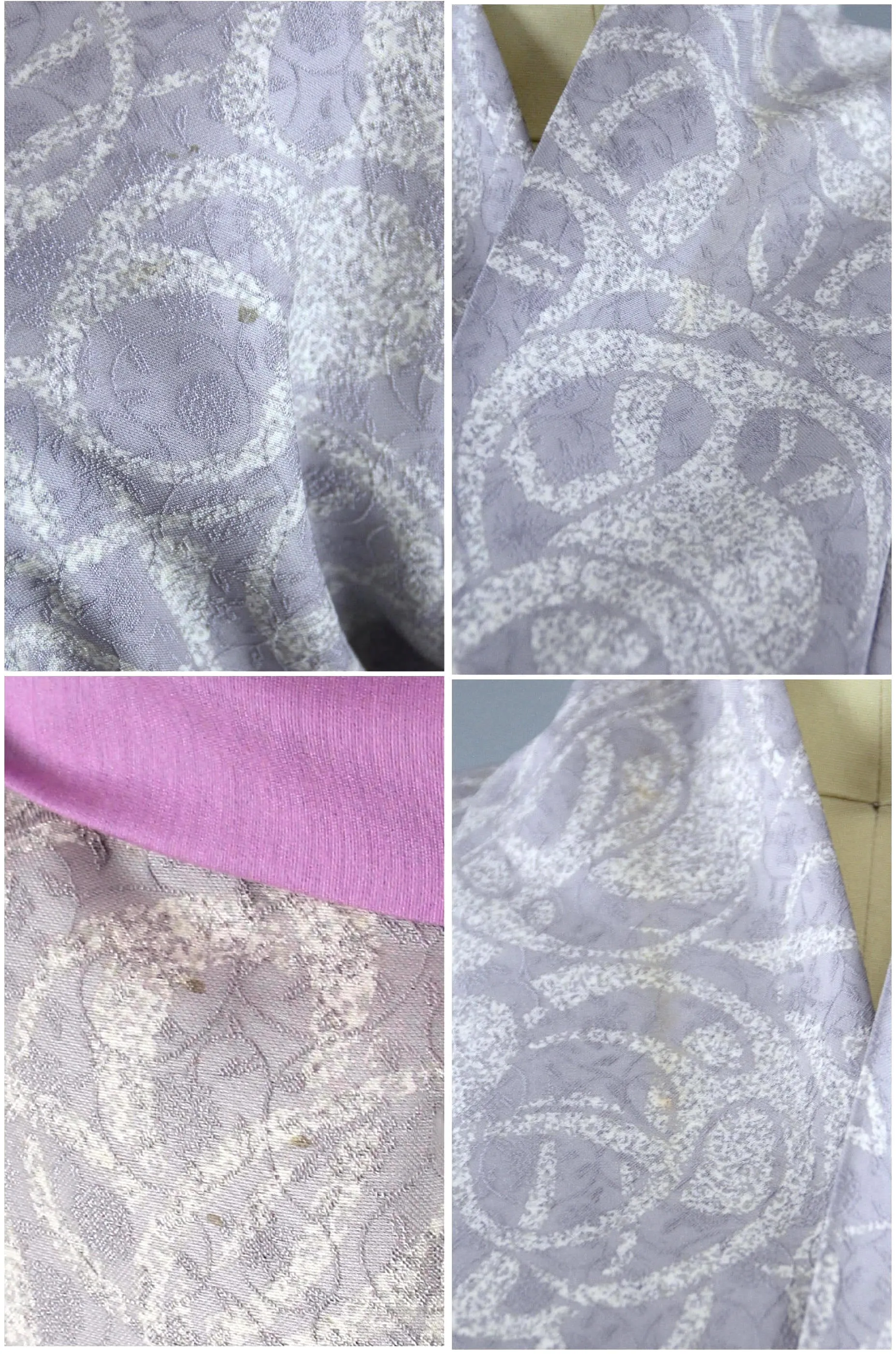 1950s Vintage Silk Kimono Robe / Lavender Purple & White Damask