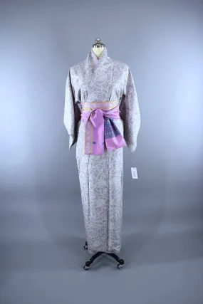 1950s Vintage Silk Kimono Robe / Lavender Purple & White Damask