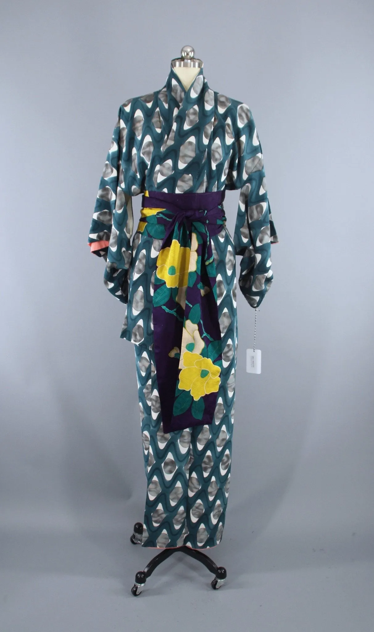 1950s Vintage Silk Kimono Robe / Teal Blue Green