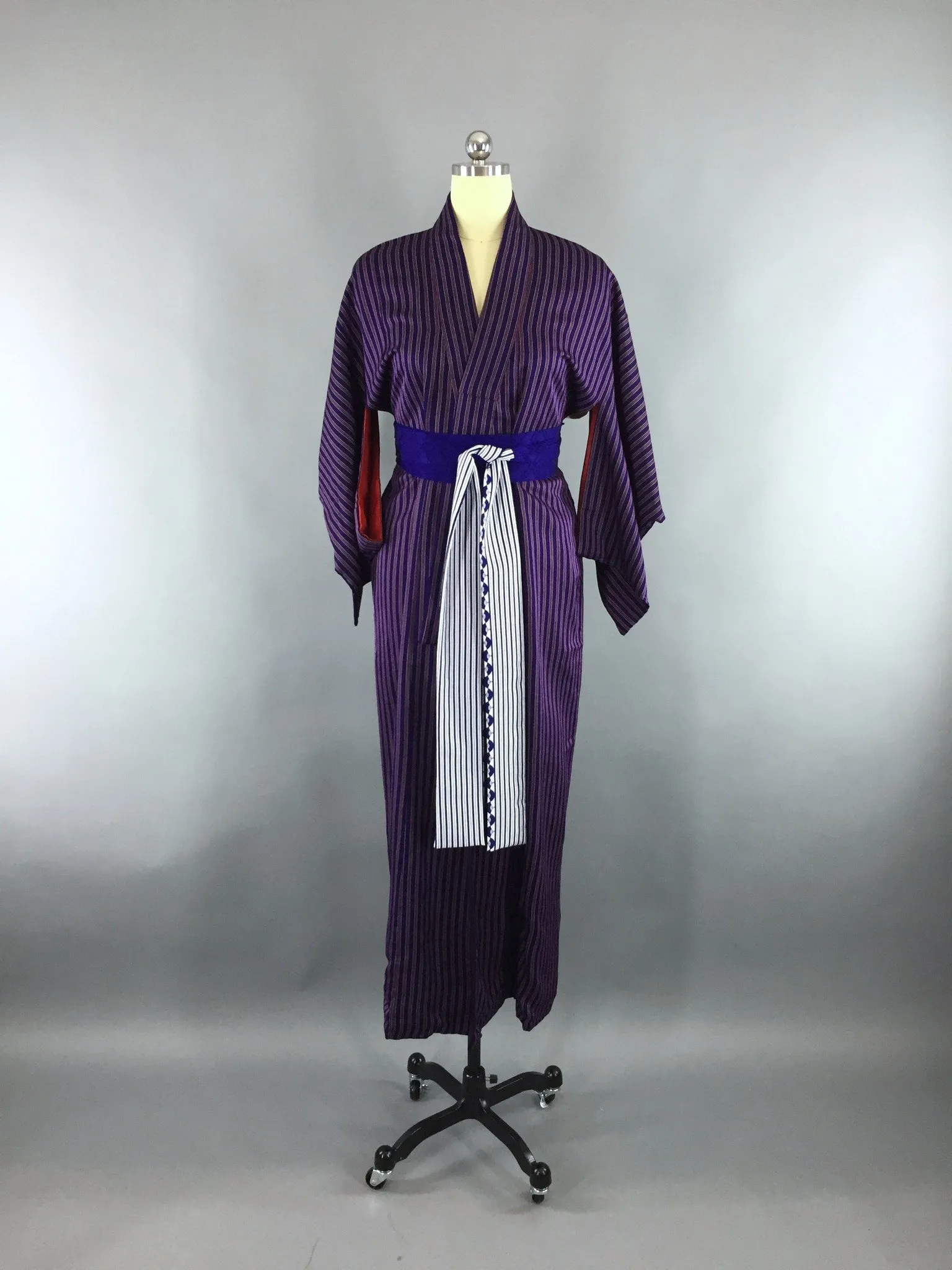 1980s Vintage Silk Kimono Robe with Blue and Purple Pinstripes