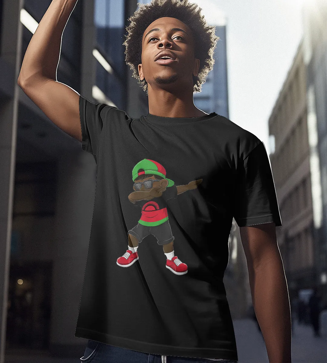 1sttheworld T-Shirt - Dabbing Boy Malawian T-Shirt Black A35