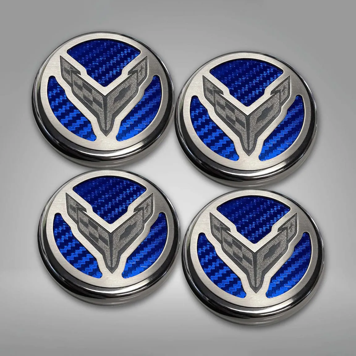 2020-2024 C8 Corvette Coupe - Cap Cover Set 4pc Carbon Fiber Inserts with Stainless Crossed Flags Logo - Polished/Brushed Finish