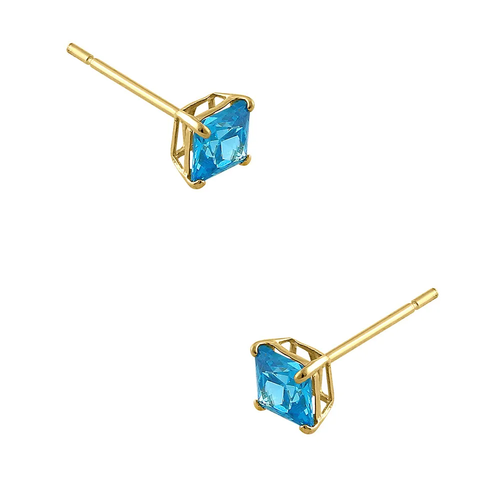 .78 ct Solid 14K Yellow Gold 4mm Princess Cut Blue Topaz CZ Earrings