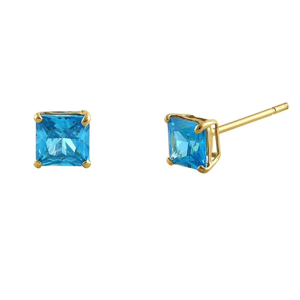 .78 ct Solid 14K Yellow Gold 4mm Princess Cut Blue Topaz CZ Earrings