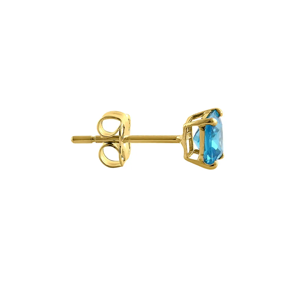 .78 ct Solid 14K Yellow Gold 4mm Princess Cut Blue Topaz CZ Earrings