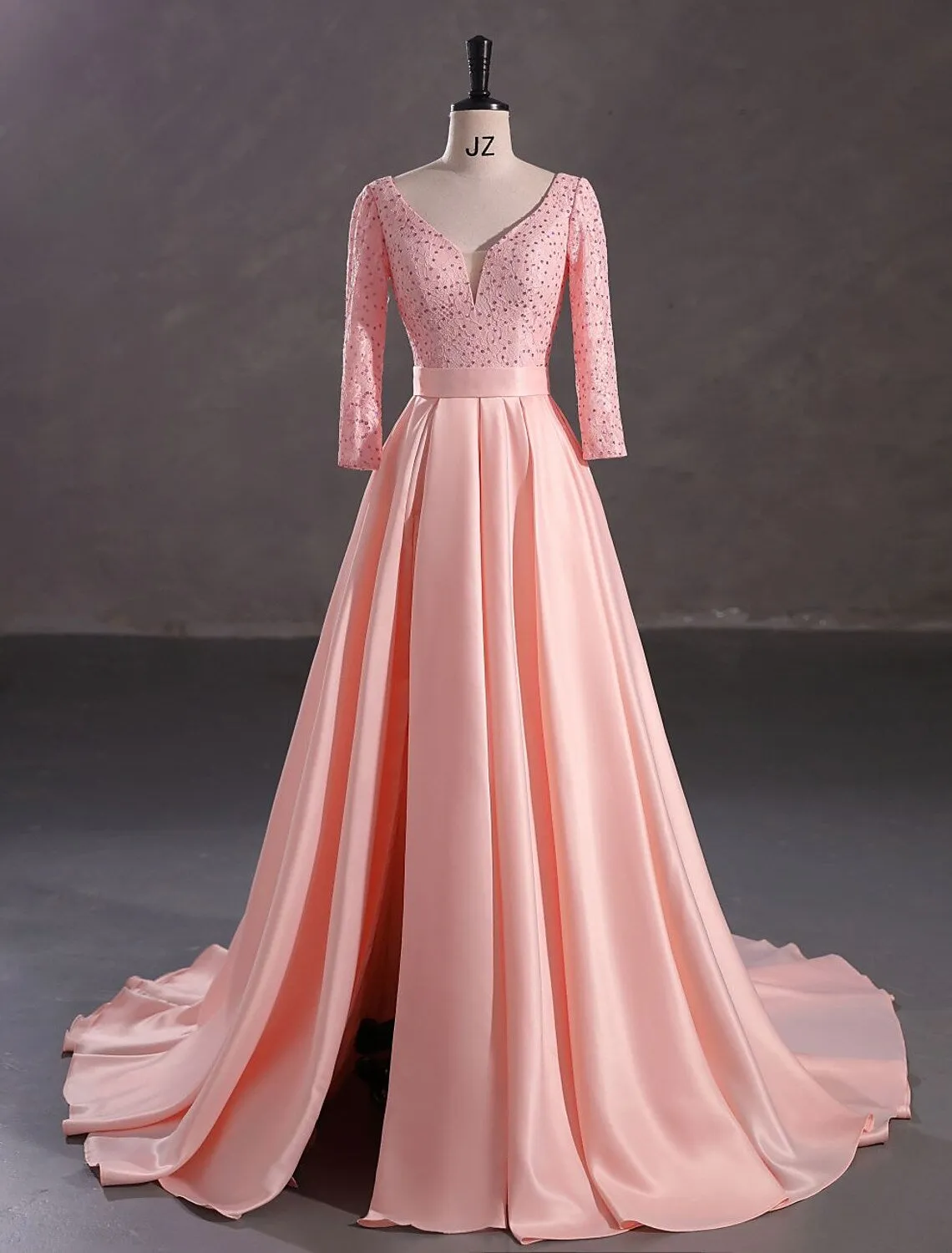 A-Line Evening Gown Elegant Dress Engagement Court Train 3/4 Length Sleeve V Neck Sequined with Sequin