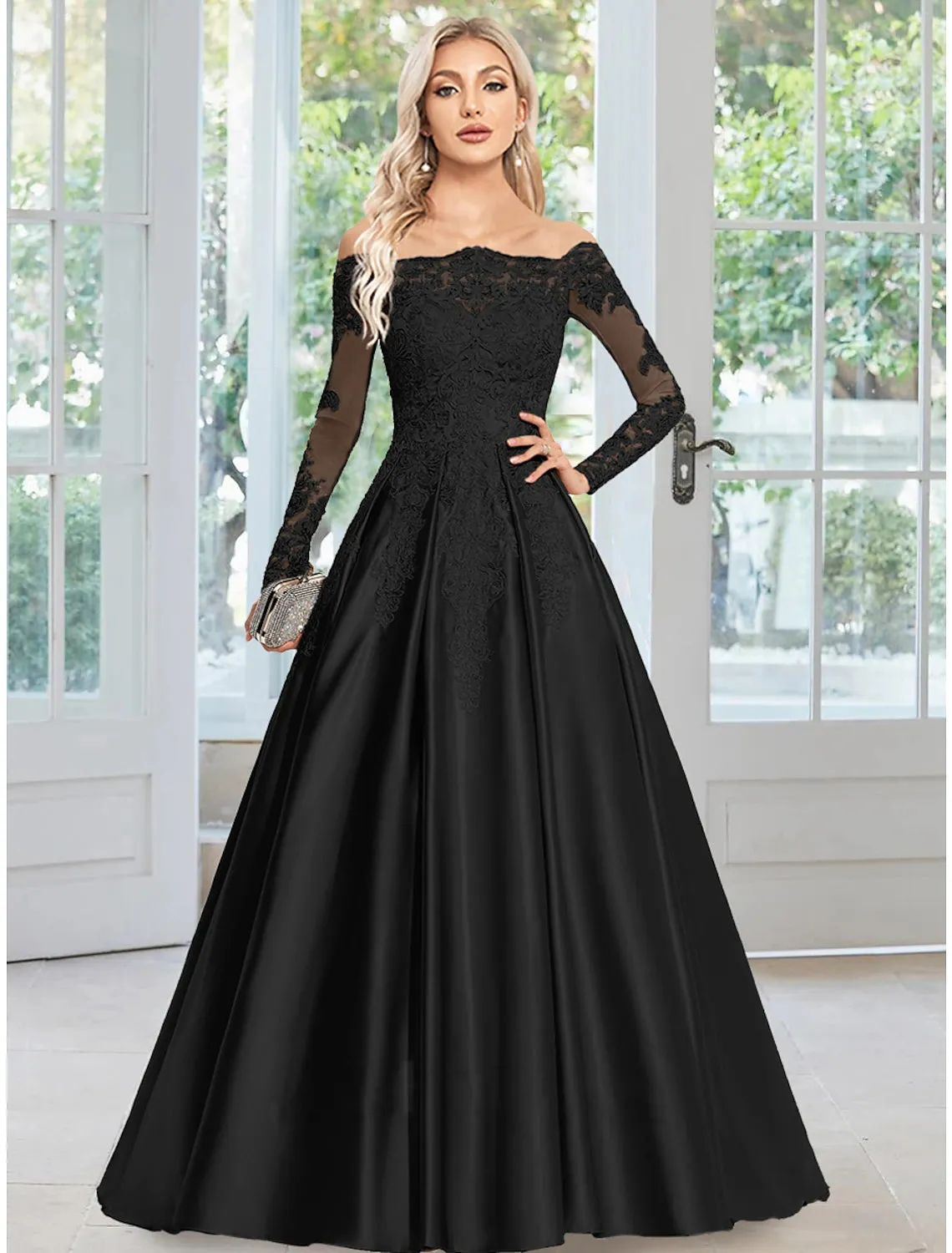 A-Line Evening Gown Floral Dress Formal Wedding Guest Court Train Long Sleeve Off Shoulder Satin with Appliques