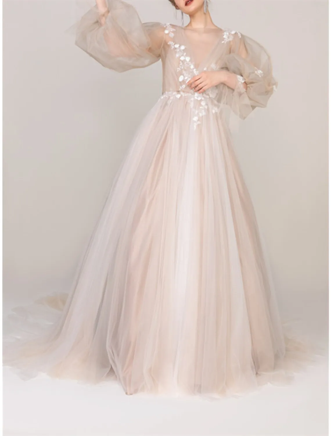 A-Line Floral Princess Prom Dress Jewel Neck Long Sleeve Court Train Tulle with Pleats Appliques