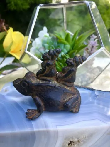 Antique Bronze Patina Metal Ethnic Tribal Couple Riding Frog Folk Art Sculpture