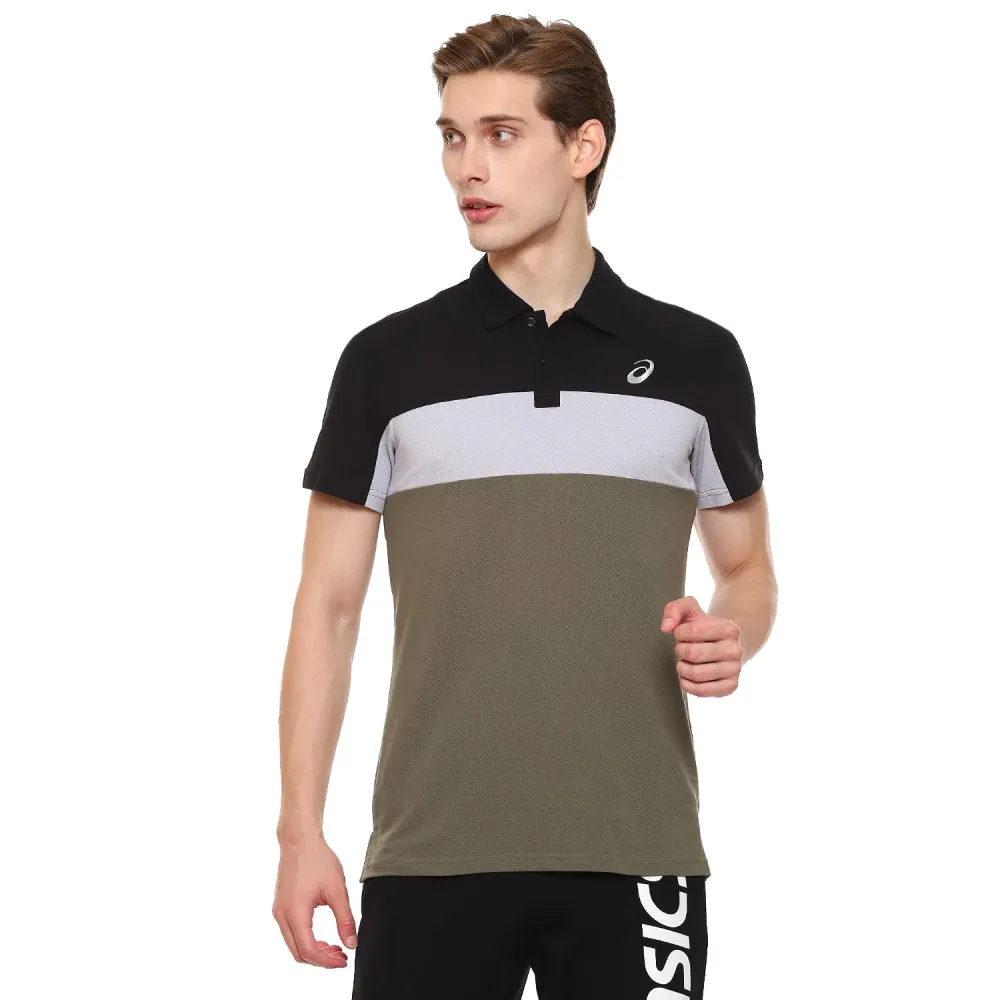 ASICS Men's Color Blocked Polo Top (Performance Black/Mantle Green)