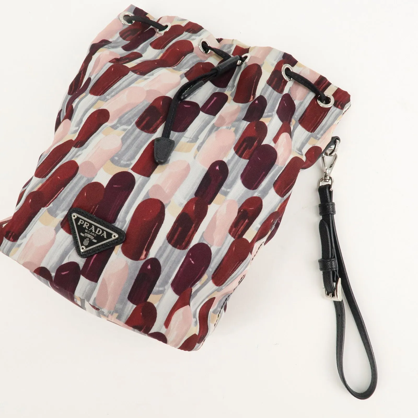 AuthPRADA Logo Nylon Drawstring Pouch Lip Stick Print White Pink Red