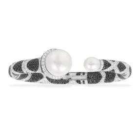 Black & white open cuff with pearls - silver