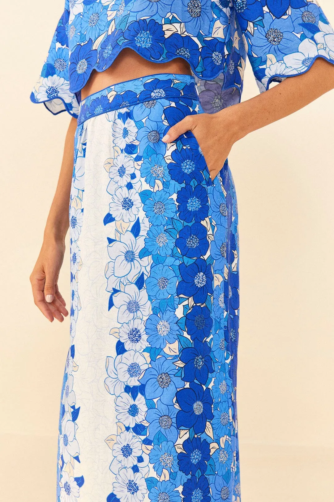 Blue Flower Stripes Midi Skirt