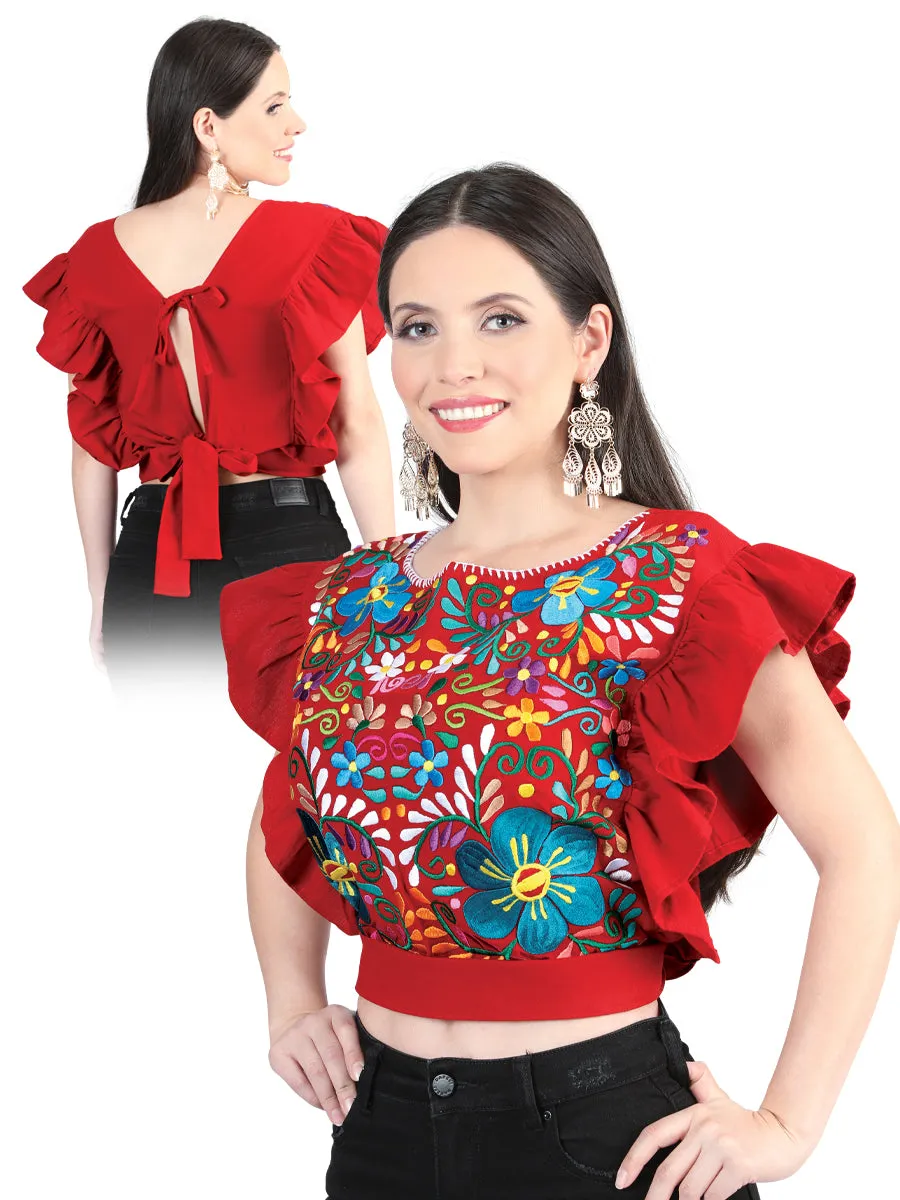 Blusa Corta Artesanal con Mangas de Olan Bordada de Flores para Mujer