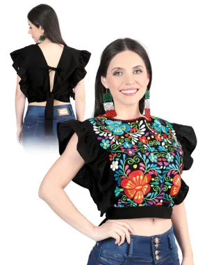 Blusa Corta Artesanal con Mangas de Olan Bordada de Flores para Mujer