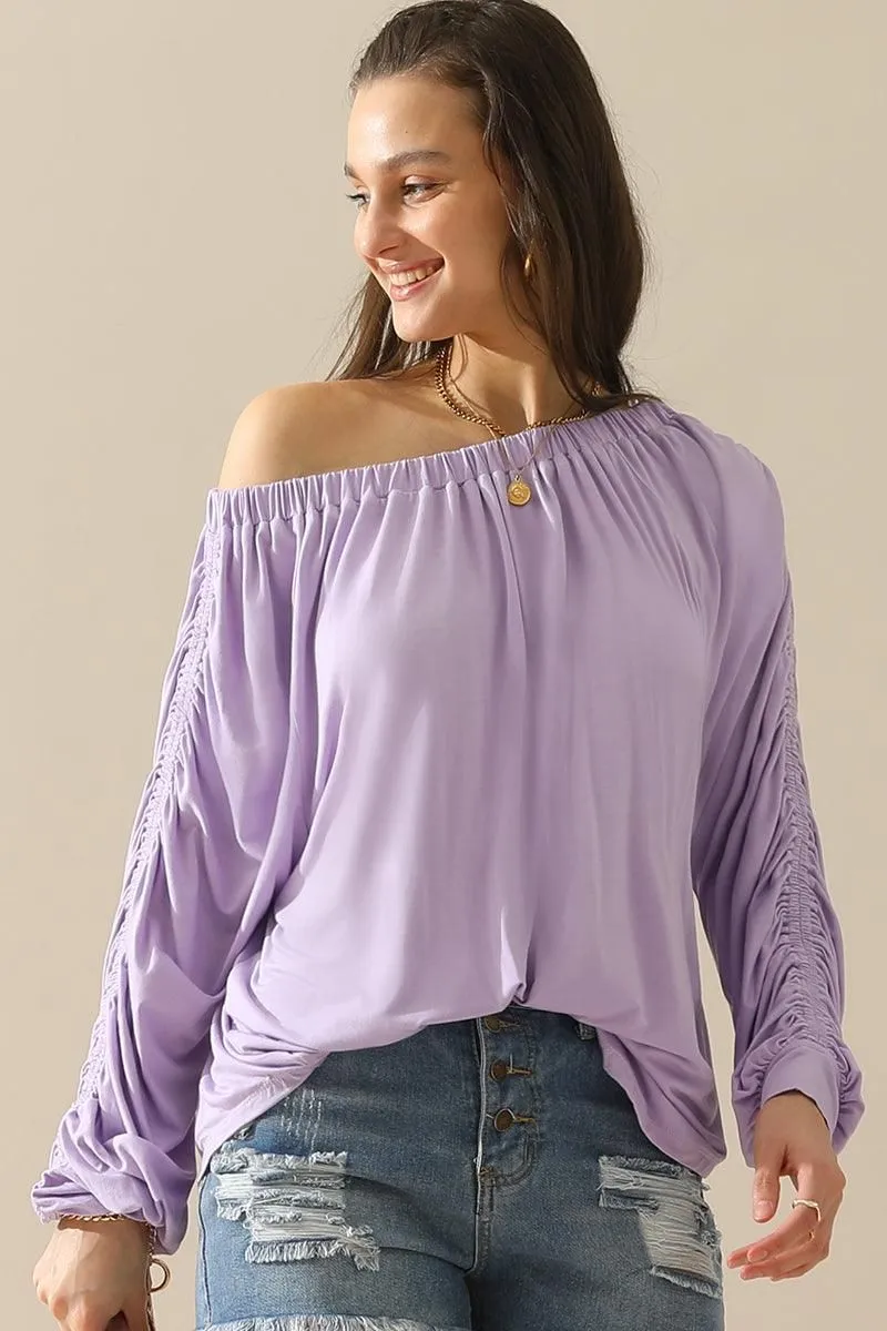 BOAT NECK SHRRING LONG SLEEVE TOP