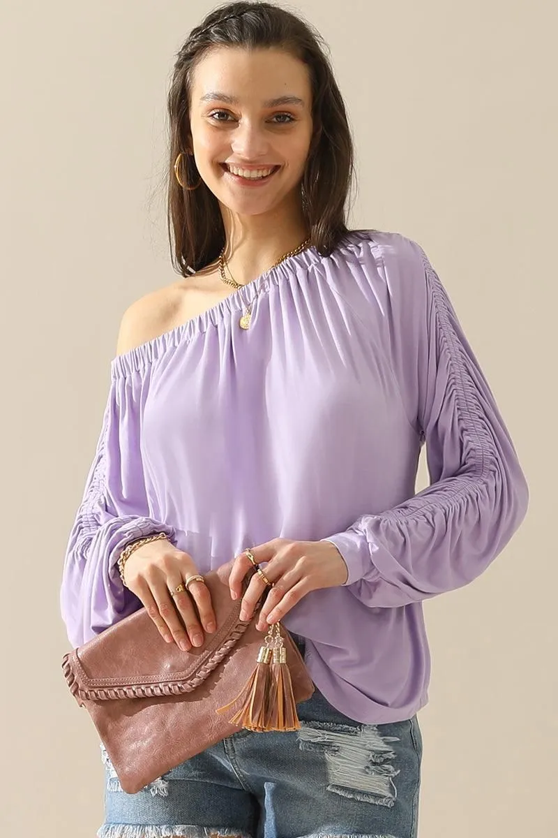 BOAT NECK SHRRING LONG SLEEVE TOP