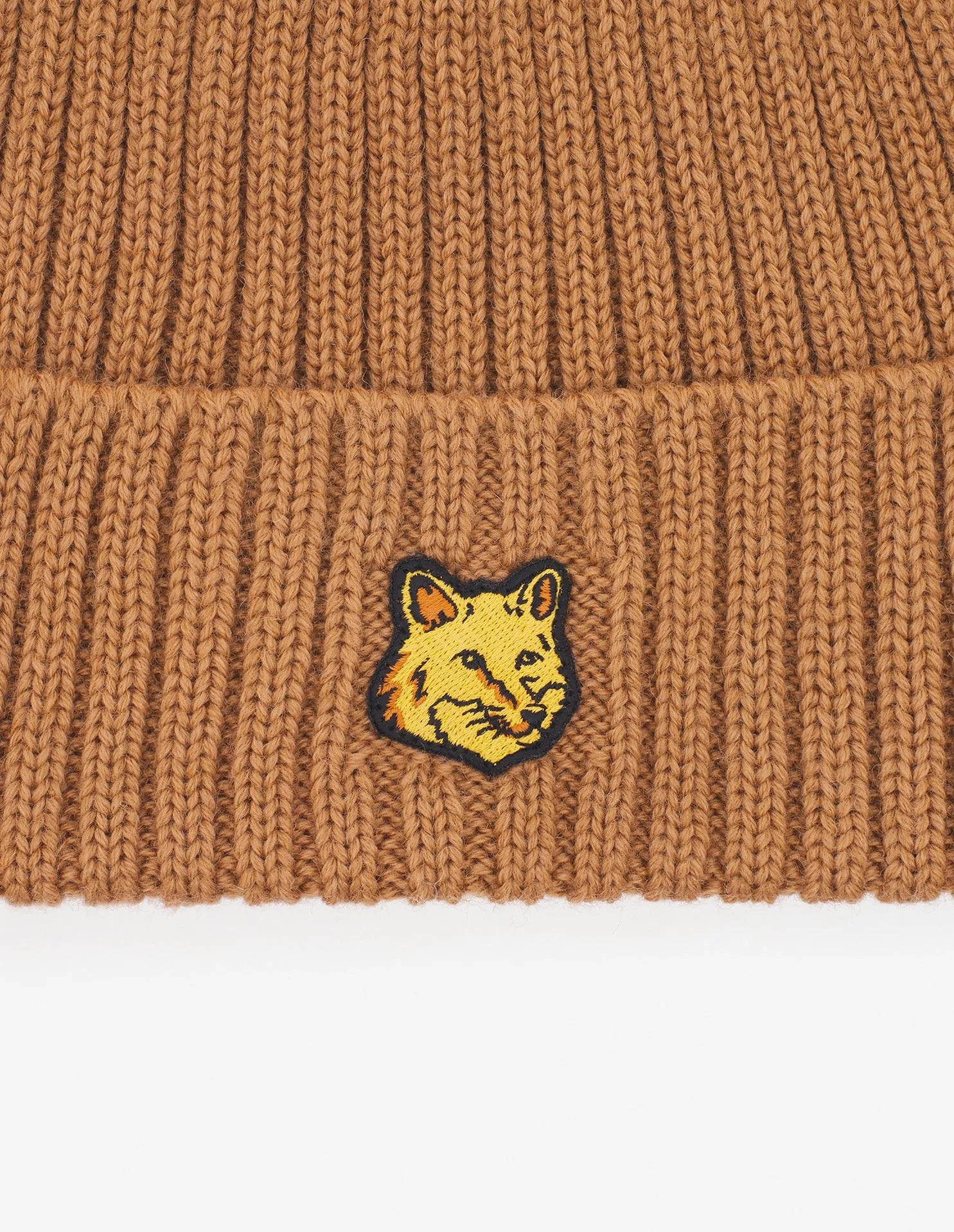 Bold Fox Head Patch Ribbed Beanie Golden Brown