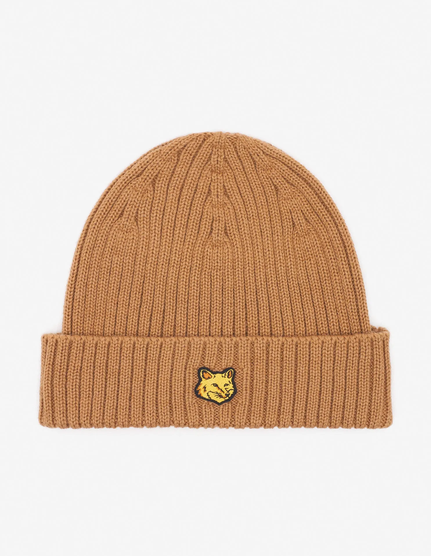 Bold Fox Head Patch Ribbed Beanie Golden Brown