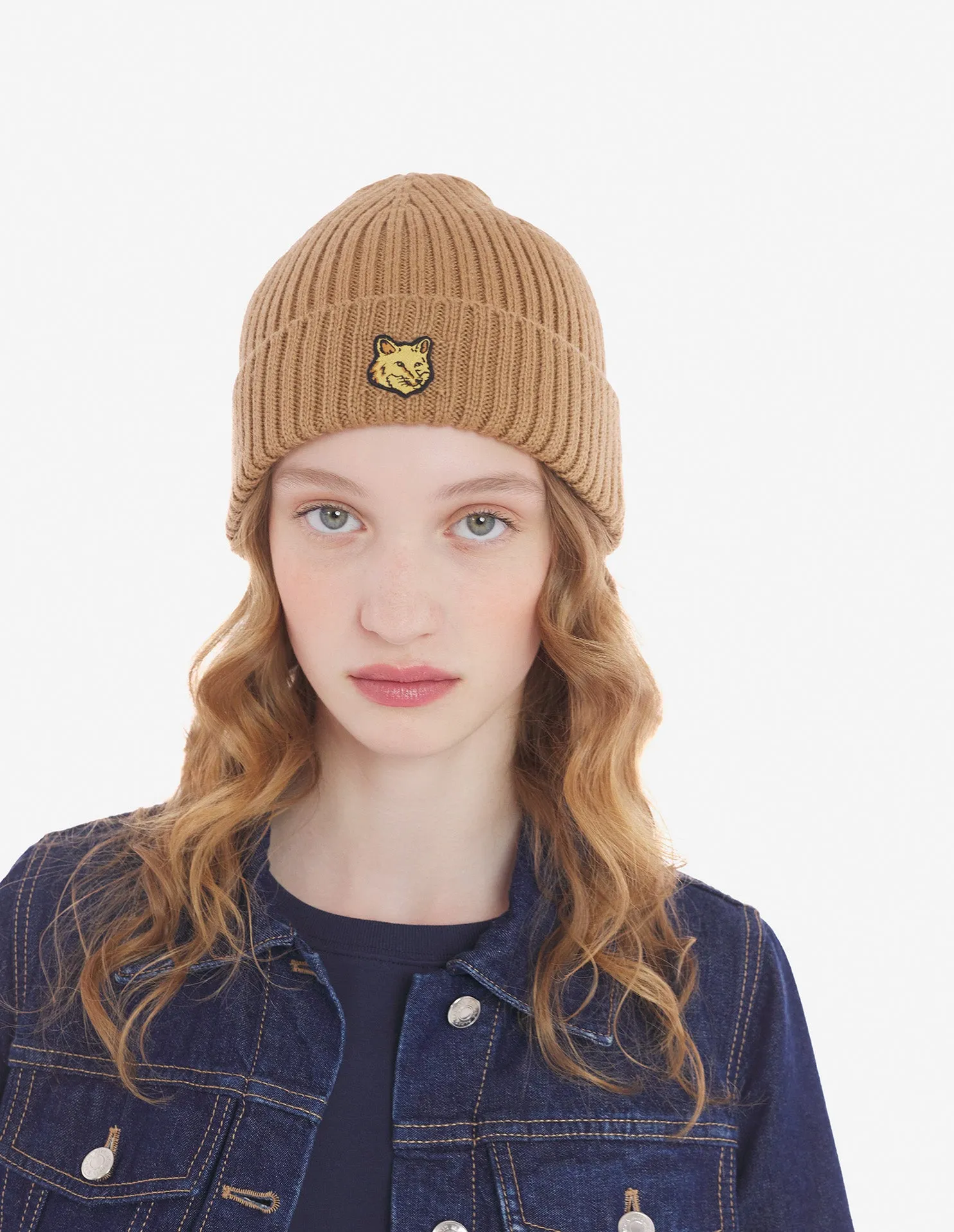 Bold Fox Head Patch Ribbed Beanie Golden Brown