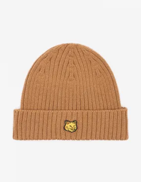 Bold Fox Head Patch Ribbed Beanie Golden Brown