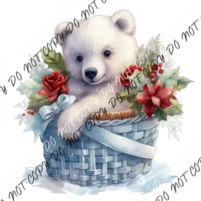 Christmas Baby Polar Bear in Basket Watercolor DTF Transfer